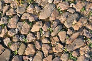 Top view of stone road fragment. Dry land with stones. Abstract natural textured background.