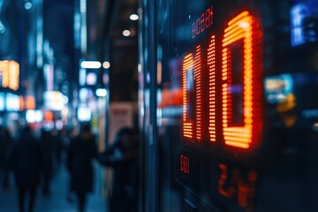 Blurred cityscape with neon numbers on display