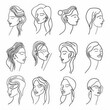 © 2D Illustration - one line illustrations of women, clipart, simple design, vector, black and white, designs for brooches and pins, isolated on white stylize 50