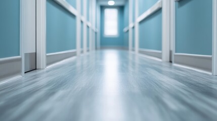 a pristine, empty corridor with white and light blue walls and a sleek, polished floor, epitomizing 