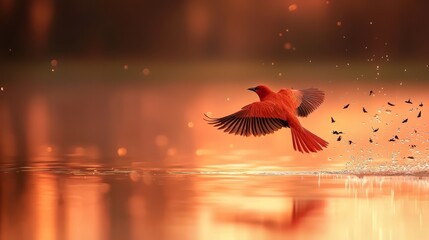  A red bird flies above a body of water, surrounded by a flock in the sky