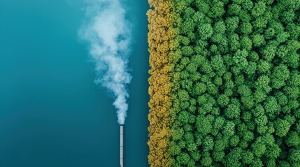 aerial view contrasting industrial pollution from a smokestack with vibrant green forests, highlight