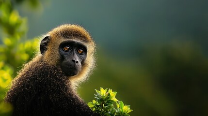  A tight shot of a monkey grasping a tree branch, surrounded by foreground leaves, and a backdrop softly blurred