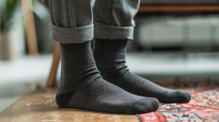 Close-up of a pair of dark gray socks on a wooden floor.