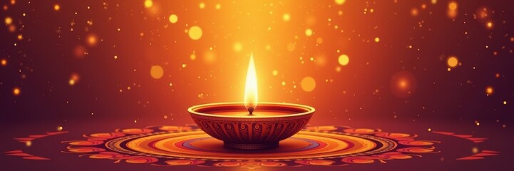 A serene and warm image of a lit diya candle surrounded by shimmering lights, symbolizing hope and celebration, perfect for festive and cultural themes.