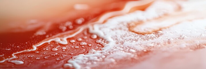  A tight shot of water droplets on a red-and-white textured surface, backdrop softly blurred