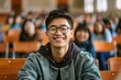 © shobakhul - A young man with a plaid shirt and a smile is sitting in a classroom, generative ai image