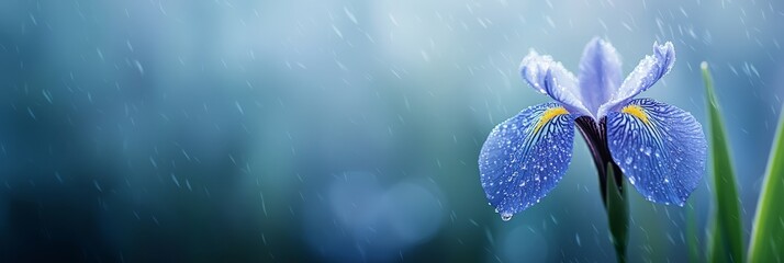 Poster -  A tight shot of a blue blossom dotted with water droplets, with a green plant bringing depth in the foreground