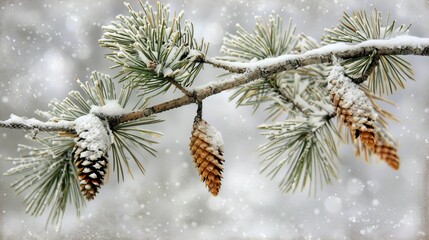 Poster - A pine branch covered in snow, with three small brown cones 