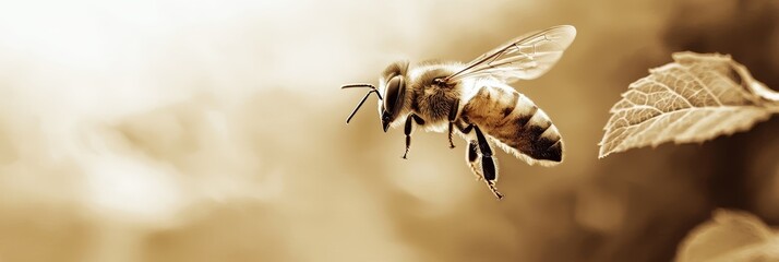 Sticker -  A close-up of a bee on a leaf with a blurred background