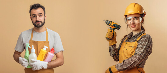 Man with apron holding house cleaning supplies, woman near wearing work clothes, helmet, power drill in hands. Gender jobs equality concept. Generative AI