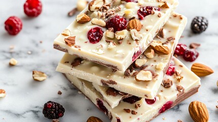 Poster - Gift box of white chocolate bark with nuts and berries, isolated on a marble countertop