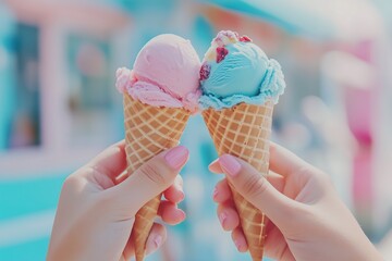 Two colorful ice cream cones held up with a bright background