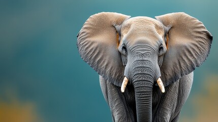  A tight shot of an elephant's wrinkled face against a backdrop of a clear blue sky, dotted with sunlit yellow clouds