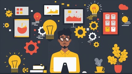 Flat design of a man at a desk and a computer, with hovering icons of light bulbs, gears and diagrams representing multitasking and innovative ideas.