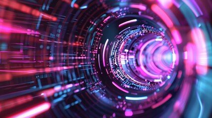 Colorful digital tunnel with bright lights and reflections. Futuristic digital artwork of glowing neon light portal or door with circle shape and dark background. Technology and innovation. AIG53.