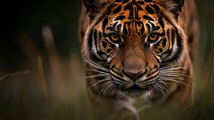  A tight shot of a tiger's face with grass before it in the foreground