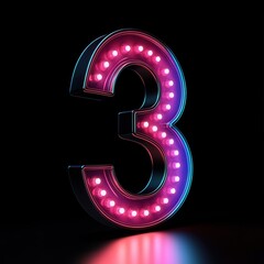 3D number 3 with colored led light texture realistic modern design, soft lighting, black background