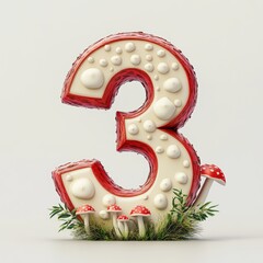 3D number 3 with fly agaric texture realistic modern design, soft lighting, white background. 