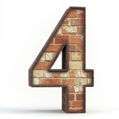 3D number 4 with brick texture realistic modern design, soft lighting, white background.