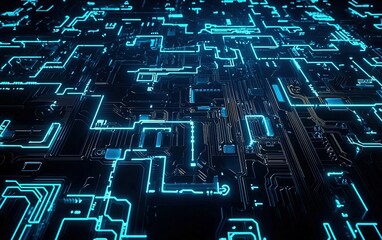 Poster - A close-up view of intricate blue circuit patterns illuminated against a dark background