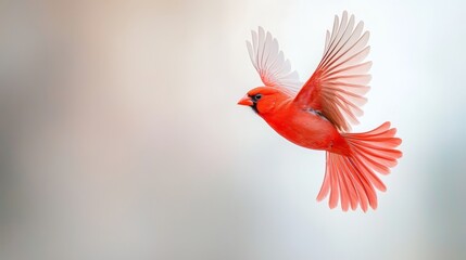  A red bird flies through the air, wings spread wide, head turned slightly sideways