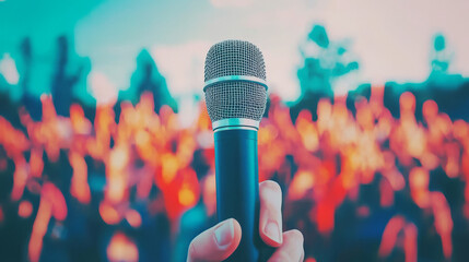 Sticker - A microphone held up in front of a blurred crowd.