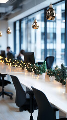 Wall Mural - open office space decorated for Christmas, large windows with snow view, festive decorations, 