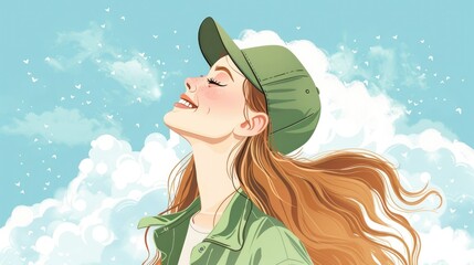 Canvas Print - Drawing of a young girl with a green baseball cap, a radiant smile and flowing red hair against a blue sky with white clouds.