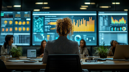 Poster - Woman in a meeting room with several large screens filled with data.