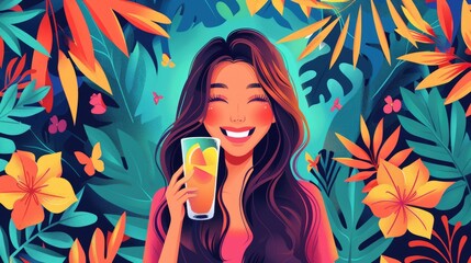 An illustration of a woman with long brown hair holding a glass of iced tea and smiling brightly against a backdrop of blooming flowers and greenery.