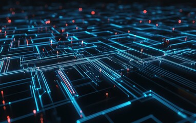Poster - Digital grid design showcasing intricate blue lines on a dark background illuminated by red dots, symbolizing advanced technology and connectivity