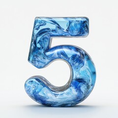 3D number 5 with blue ice texture realistic modern design, soft lighting, white background 