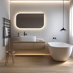 Wall Mural - Spacious minimalist bathroom with floating vanity, frameless shower, minimalist bathroom, modern luxury design