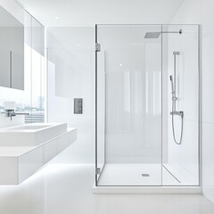 Wall Mural - Spacious minimalist bathroom with frameless glass shower and white ceramic finishes, minimalist bathroom, clean, modern space