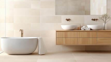 Wall Mural - Spacious minimalist bathroom with light beige tiles and wooden cabinetry, minimalist bathroom, warm modern space