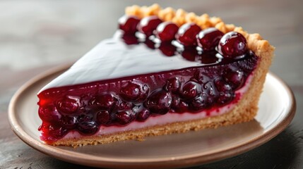 Wall Mural - A slice of sweet and delicious tart topped with fresh cherries and berry sauce served on a white plate.