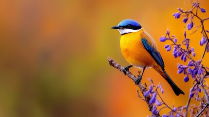  A vibrant bird sits atop a branch amidst purple blooms Behind, a blurred backdrop of orange, yellow, and blue unfolds