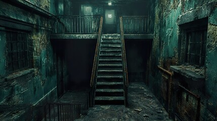 Poster - Eerie Staircase in an Abandoned Building