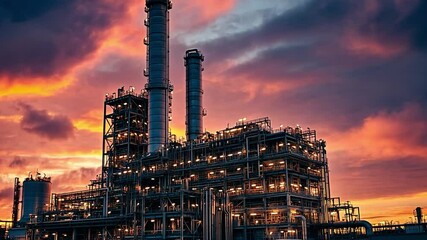 Poster - Industrial facility at sunset with vibrant clouds and illuminated structures