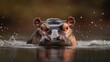 © Wall - A tight shot of a hippo's head above water, submerged body in a water body