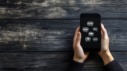 Poster - Dark themed smartphone with social media comment icons on screen, symbolizing online communication in digital age.