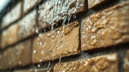 Wall Mural - A close-up of raindrops streaming down a waterproofed brick wall, demonstrating enhanced weather-resistant features in modern masonry