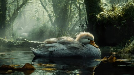 Wall Mural - A Duck Resting in a Misty Forest Pond