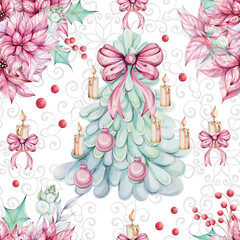 Watercolor seamless pattern - candy cane, Christmas three, sweet peppermint cinnamon lollipop pink white, gift with red bow, Openwork snowflake, Jingle golden bells. Romantic retro style. Winter