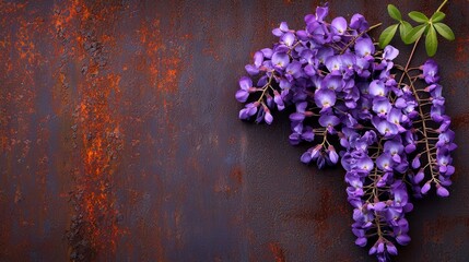 Sticker -  A collection of violet blooms rests atop weathered metal, juxtaposed against a worn, rustic wall