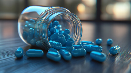 blue capsule type pills falling out of a clear glass container