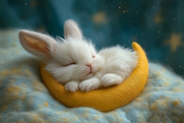 A fluffy white rabbit peacefully sleeps on a yellow felt crescent moon with a dreamy background of stars and clouds.