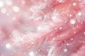 Poster - Light pink feathers floating on a delicate pastel pink background with sparkling bokeh