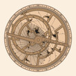© migfoto - Ancient astronomical instrument astrolabe for measuring horizontal angles and determining latitudes and longitudes of celestial bodies. Object isolated on beige background